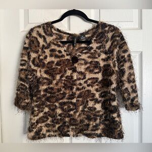 New Direction Leopard Print Fuzzy Y2K Cardigan Petite Meduim Top Cropped Layer